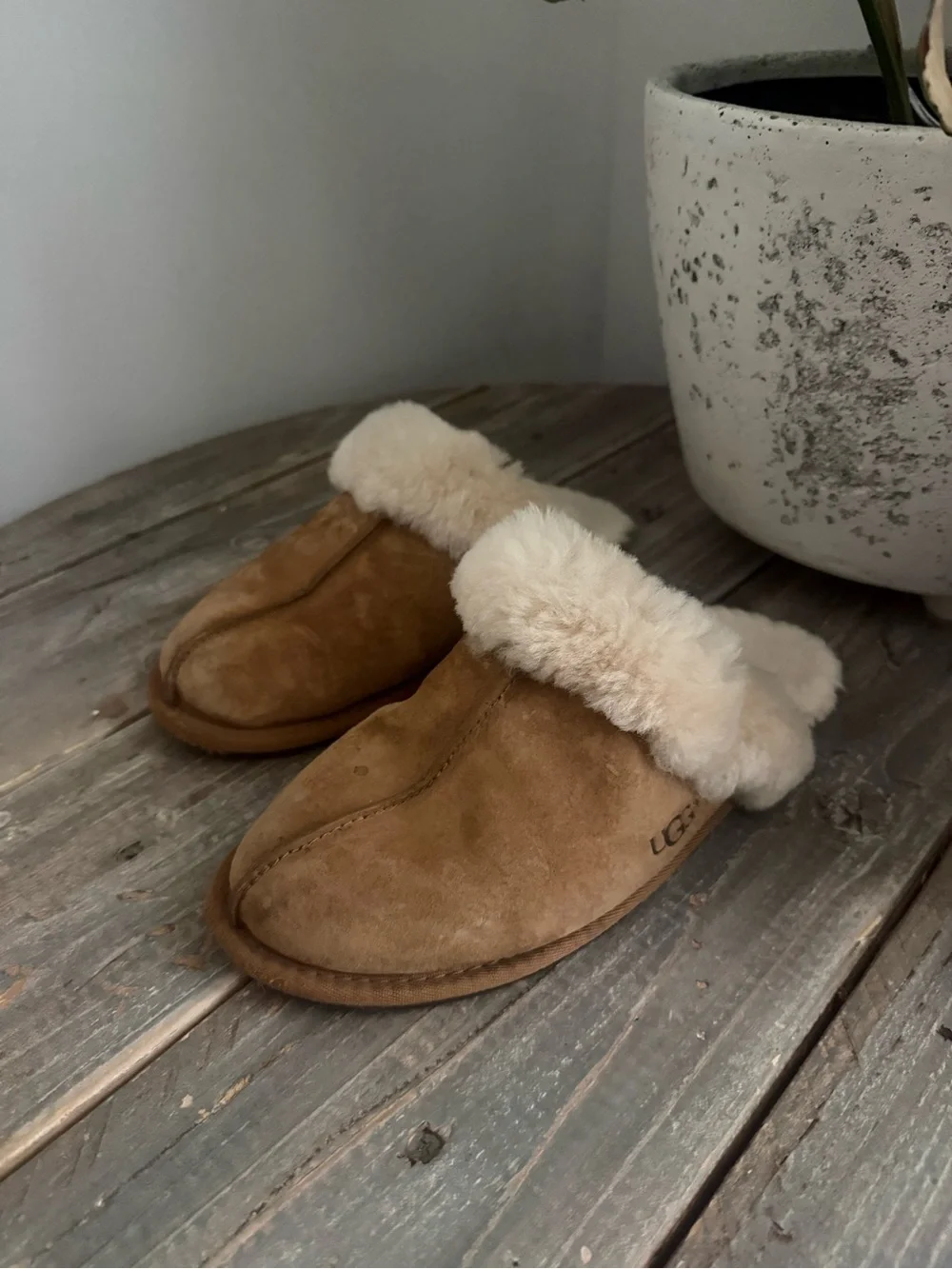 UGG Chestnut Suede Shearling Cuff Slip-On Slippers